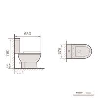 YS22215S توالت 2 تکه سرامیکی با طراحی یکپارچهسازی با سیستمعامل، توالت شستشوی P-trap بسته.