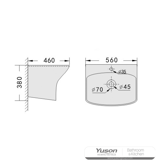 YS26636 حوض دیواری سرامیکی، حوضچه توتم یک تکه;